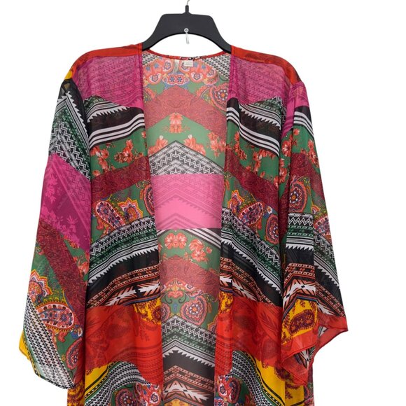 Cato est 1946 Mid Leng Bohemian Multicolor Chiffon Kimono Women SZ14/16W Sheer - Picture 2 of 13